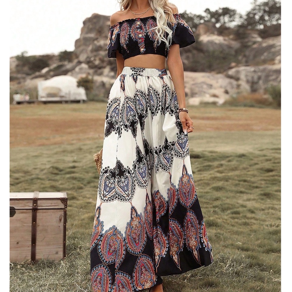 Boho Tribal Print Cropped Top Maxi Skirt Set - Picture 2 of 5